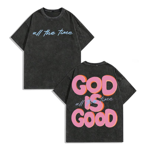 Men'S & Women'S Oversized 230Gsm Heavyweight Washed T-Shirt GOD IS GOOD Double-Sided Graphic Print Retro Vintage Streetwear Loose Fit round Neck Short Sleeve 100% Cotton