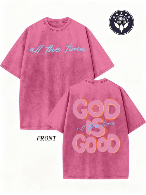 Men'S & Women'S Oversized 230Gsm Heavyweight Washed T-Shirt GOD IS GOOD Double-Sided Graphic Print Retro Vintage Streetwear Loose Fit round Neck Short Sleeve 100% Cotton